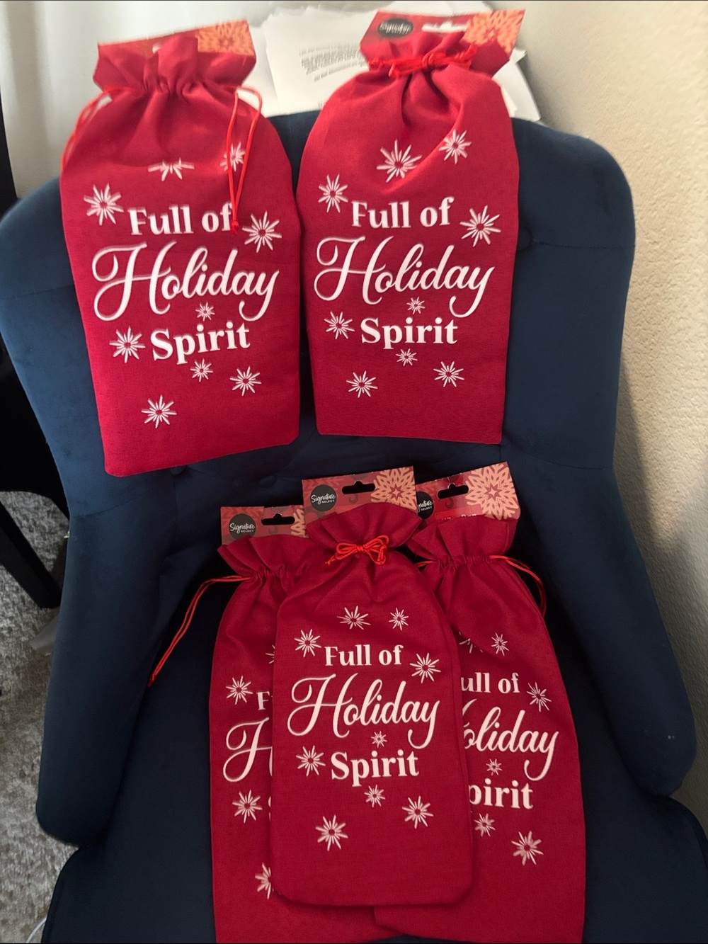 Holiday Drawstring Gift Bags - Red "Full of Holiday Spirit" Set